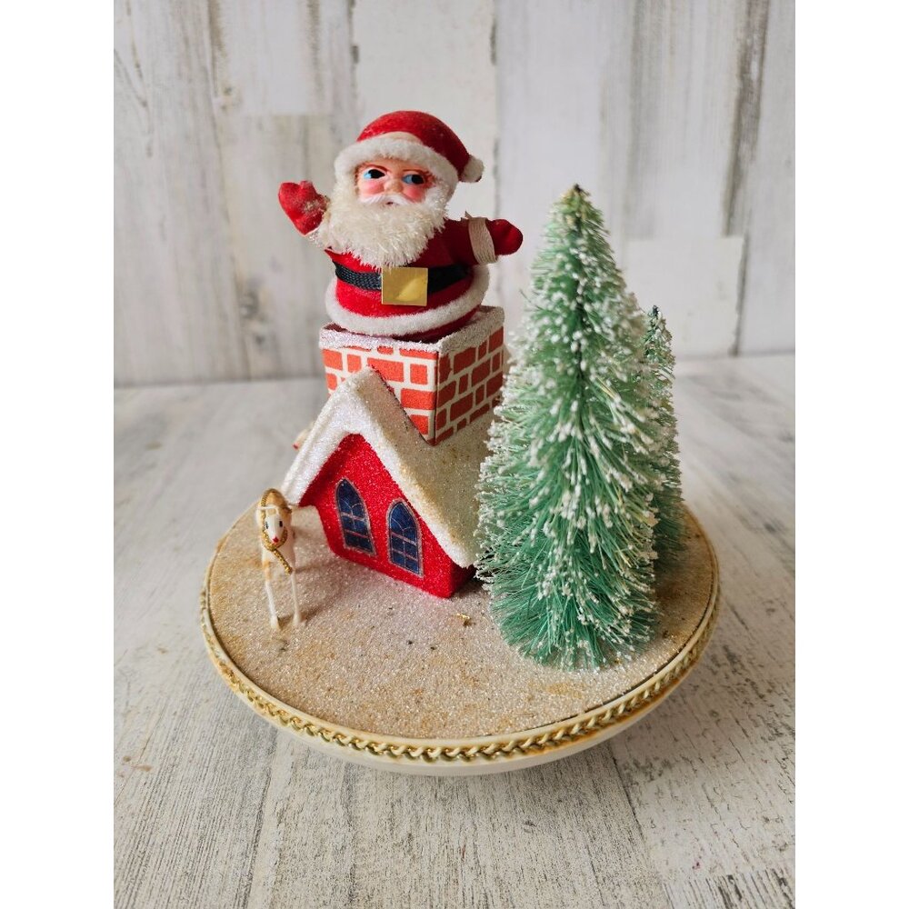 Antique Santa musical rotating house‎ flocked Xmas tree reindeer decor